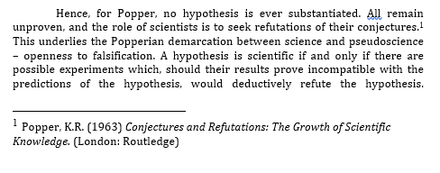 Example of footnote referencing, with Popper cited in full in a footnote